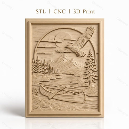 Fichier CNC & impression 3D nature sauvage, rivière, canoë, aigle et montagne, haute qualité relief STL