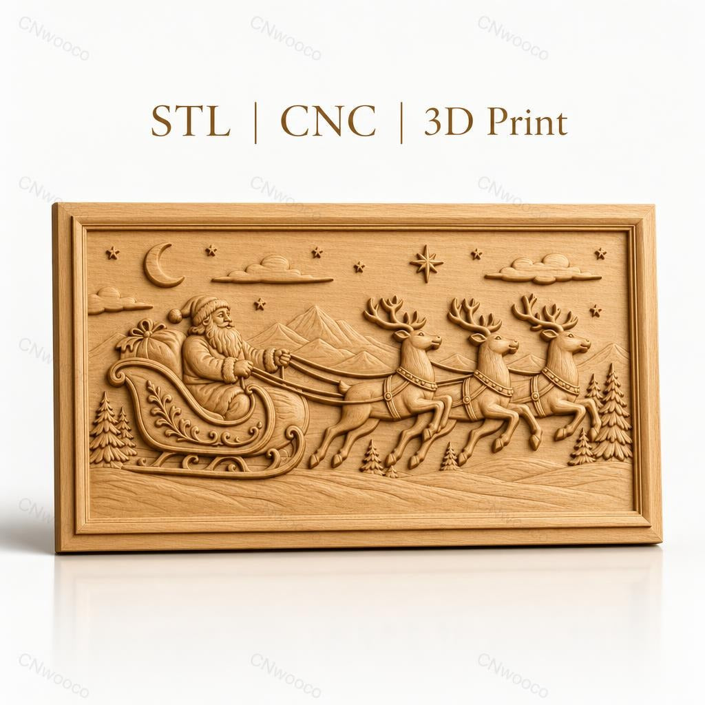 Fichier CNC & impression 3D Noël, père Noël en traîneau avec rennes, haute qualité relief STL