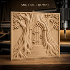 Fichier CNC & impression 3D porte dans arbre, racines et feuilles, haute qualité relief STL