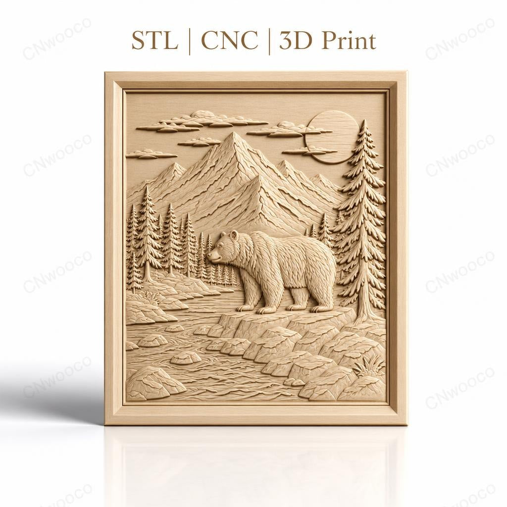 Fichier CNC & impression 3D nature sauvage, ours, rivière, montagnes, pins, haute qualité relief STL