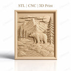 Fichier CNC & impression 3D nature sauvage, ours, rivière, montagnes, pins, haute qualité relief STL