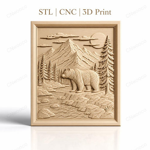 Fichier CNC & impression 3D nature sauvage, ours, rivière, montagnes, pins, haute qualité relief STL