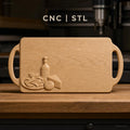 Fichier CNC planche à découper, relief nourriture avec bouteille, tomate et fromage, bas-relief pour sculpture sur bois, STL