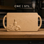 Fichier CNC planche à découper, relief nourriture avec bouteille, tomate et fromage, bas-relief pour sculpture sur bois, STL