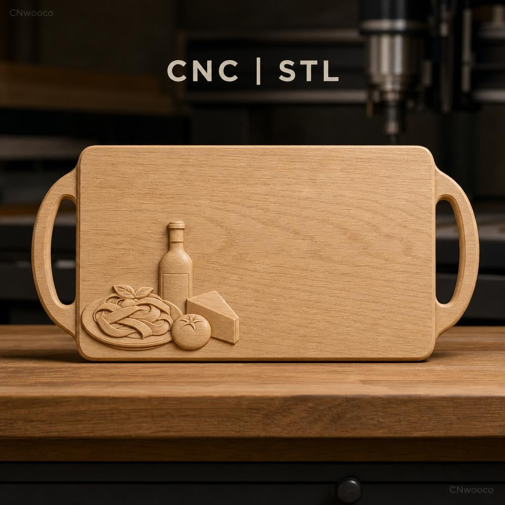 Fichier CNC planche à découper, relief nourriture avec bouteille, tomate et fromage, bas-relief pour sculpture sur bois, STL