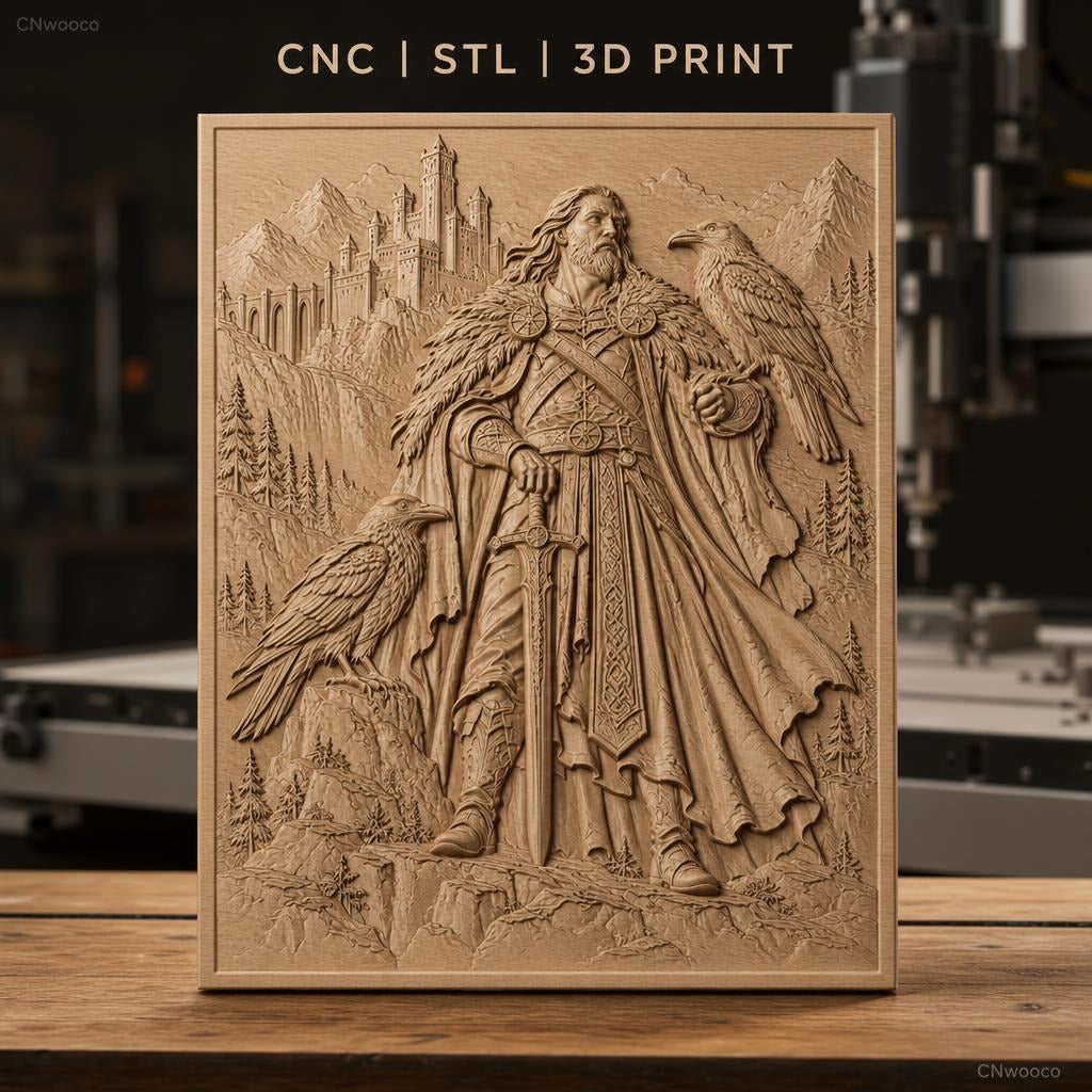 Fichier CNC & impression 3D guerrier viking avec épée et corbeaux, château médiéval et montagnes, haute qualité relief STL