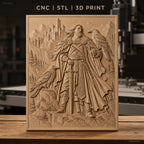Fichier CNC & impression 3D guerrier viking avec épée et corbeaux, château médiéval et montagnes, haute qualité relief STL