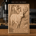 Fichier CNC & impression 3D cerf dans rivière, forêt, paysage montagneux, haute qualité relief STL