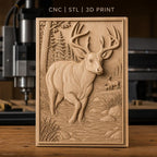 Fichier CNC & impression 3D cerf dans rivière, forêt, paysage montagneux, haute qualité relief STL
