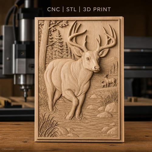 Fichier CNC & impression 3D cerf dans rivière, forêt, paysage montagneux, haute qualité relief STL