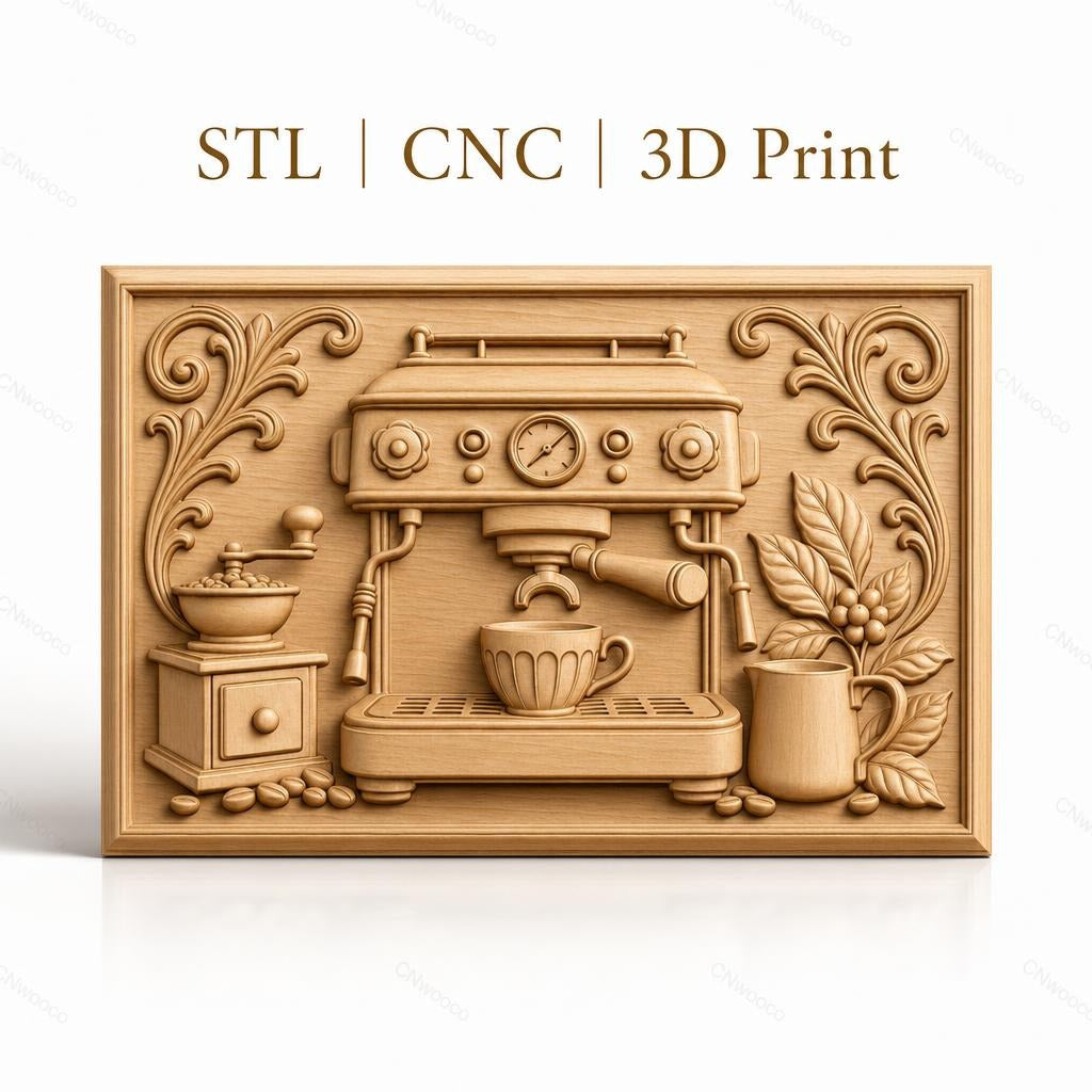 Fichier CNC & impression 3D machine à café, moulin, tasse, plante de café, haute qualité relief STL