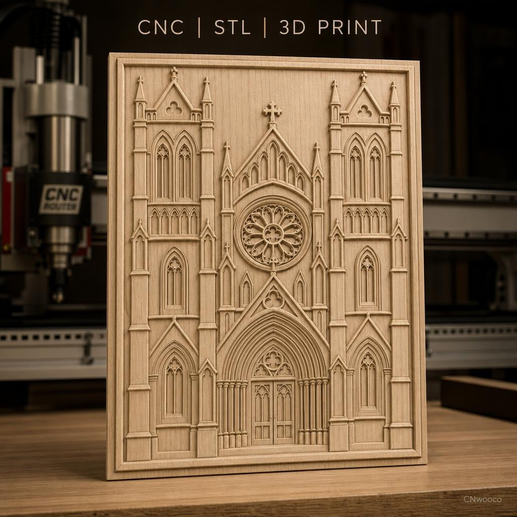 Fichier CNC & impression 3D cathédrale gothique, portail avec rosace et tours, haute qualité relief STL