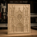 Fichier CNC & impression 3D cathédrale gothique, portail avec rosace et tours, haute qualité relief STL