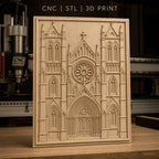 Fichier CNC & impression 3D cathédrale gothique, portail avec rosace et tours, haute qualité relief STL