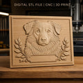 Fichier CNC & impression 3D chien avec cadre floral, portrait relief haute qualité relief STL