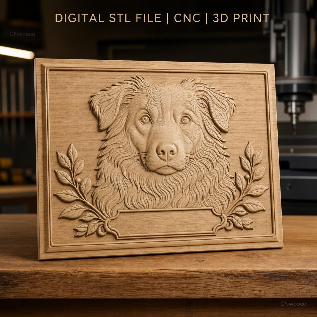 Fichier CNC & impression 3D chien avec cadre floral, portrait relief haute qualité relief STL
