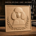 Fichier CNC & impression 3D chien caniche avec feuilles décoratives, haute qualité relief STL