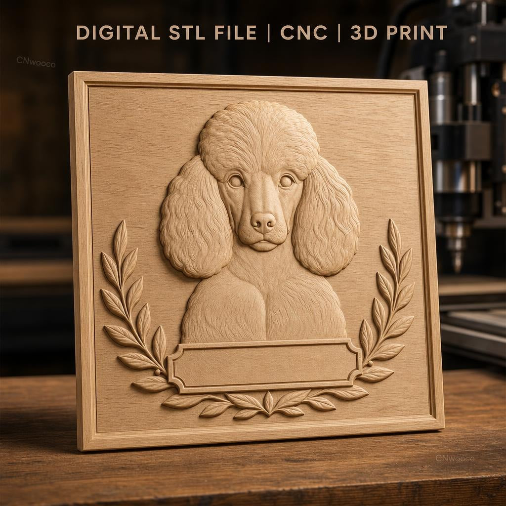 Fichier CNC & impression 3D chien caniche avec feuilles décoratives, haute qualité relief STL