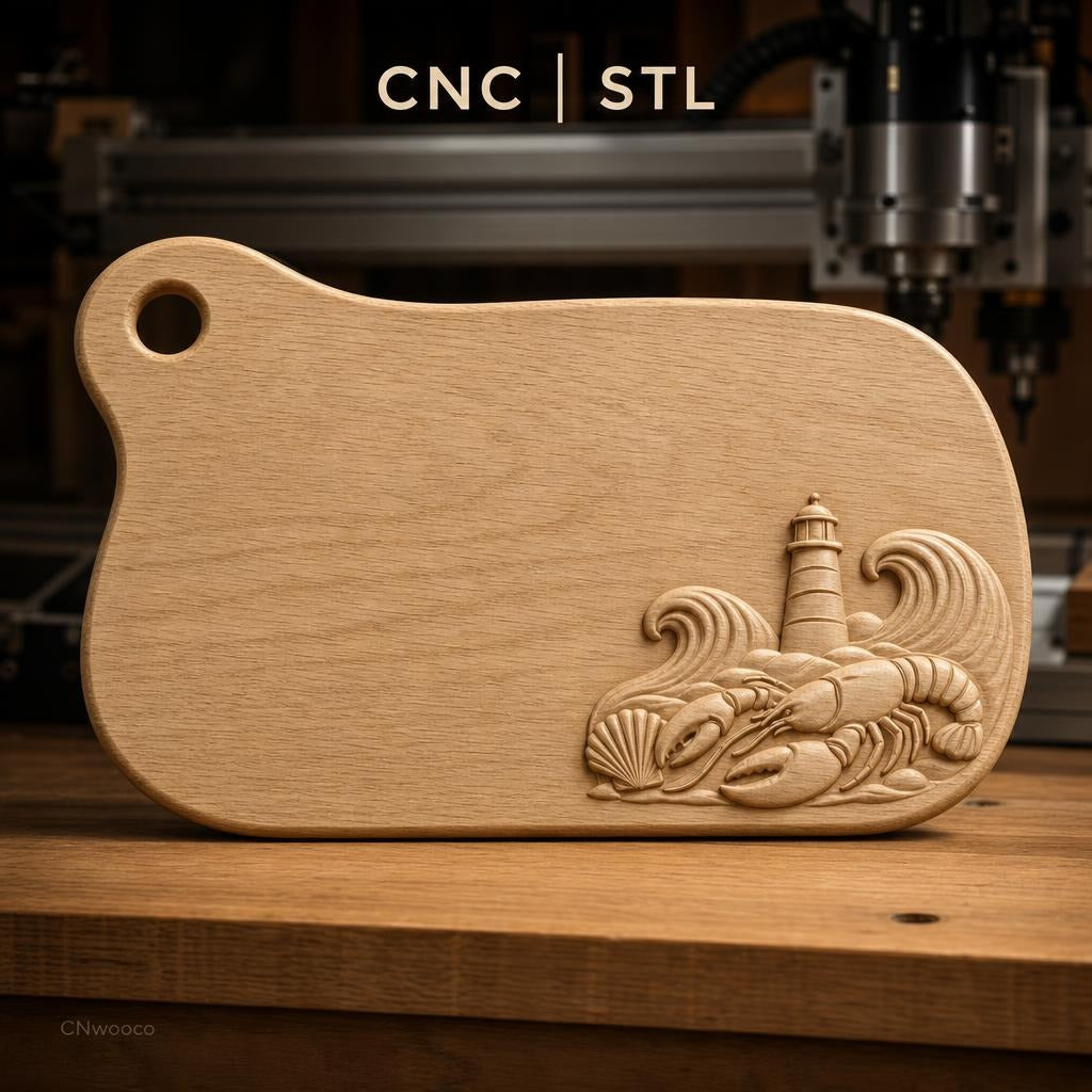 Fichier CNC bord de mer, homard, phare et coquille en bas-relief, STL