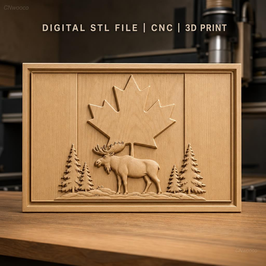 Fichier CNC & impression 3D drapeau canadien, élan et sapins en relief, haute qualité relief STL
