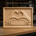 Fichier CNC & impression 3D mains formant un cœur, cadre et feuilles décoratives, haute qualité relief STL
