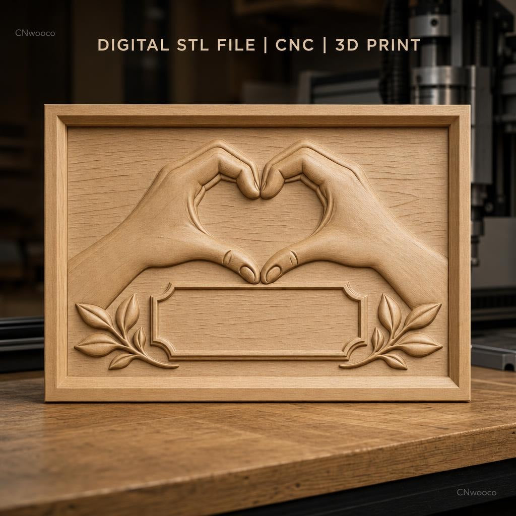 Fichier CNC & impression 3D mains formant un cœur, cadre et feuilles décoratives, haute qualité relief STL