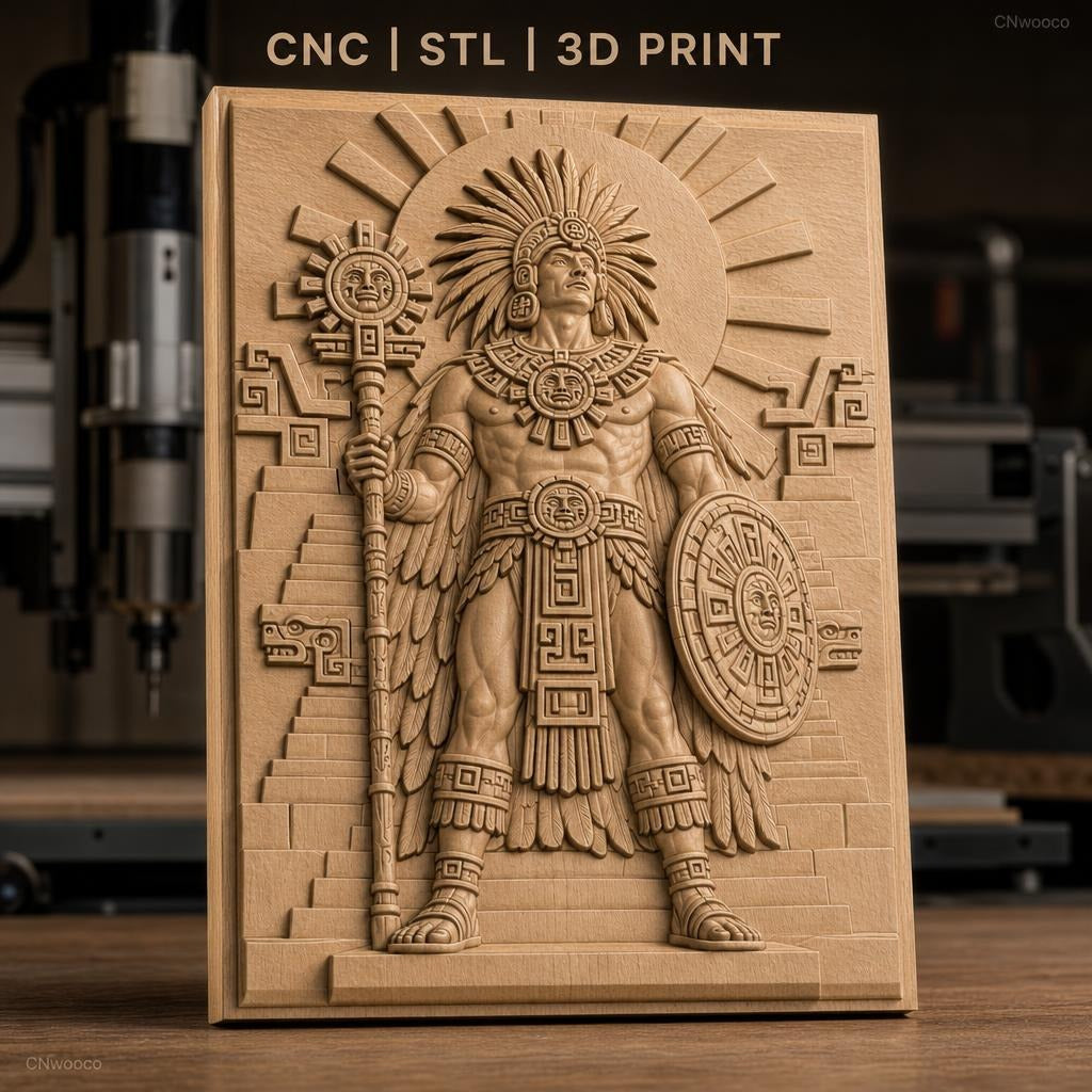 Fichier CNC & impression 3D guerrier aztèque, pyramides, bouclier et sceptre, haute qualité relief STL