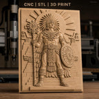 Fichier CNC & impression 3D guerrier aztèque, pyramides, bouclier et sceptre, haute qualité relief STL