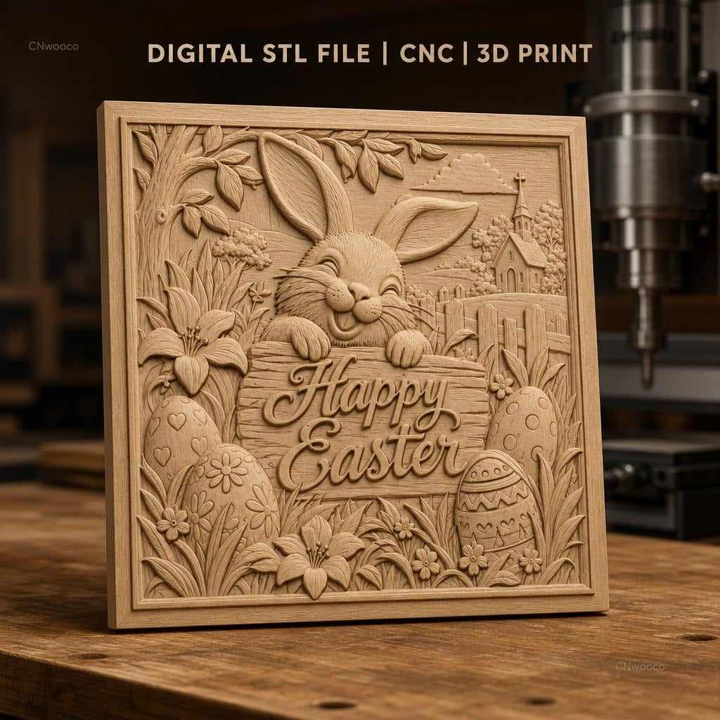 Fichier CNC & impression 3D lapin de Pâques, œufs décorés, fleurs et église en arrière-plan, haute qualité relief STL
