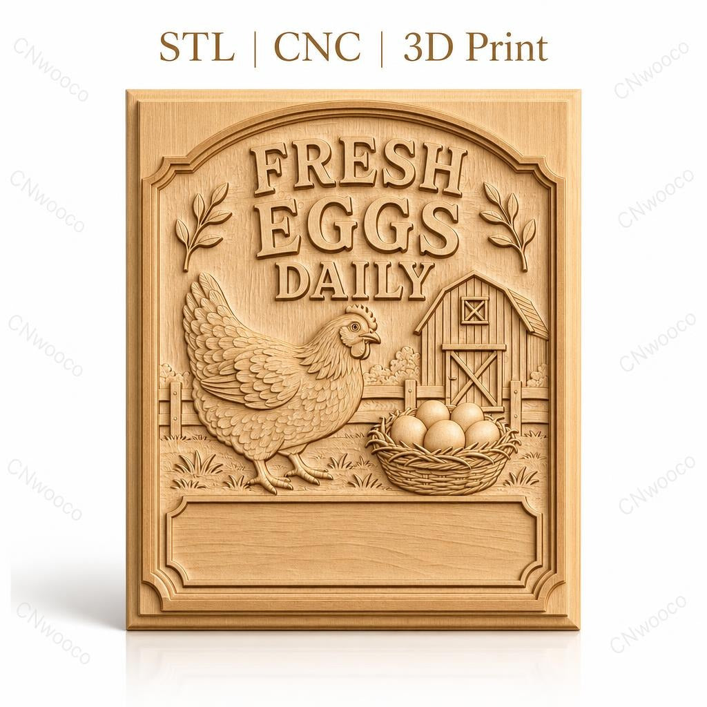 Fichier CNC & impression 3D poule, panier d'œufs, ferme, haute qualité relief STL