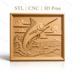 Fichier CNC & impression 3D poisson espadon sautant, vagues océan et ciel nuageux, haute qualité relief STL