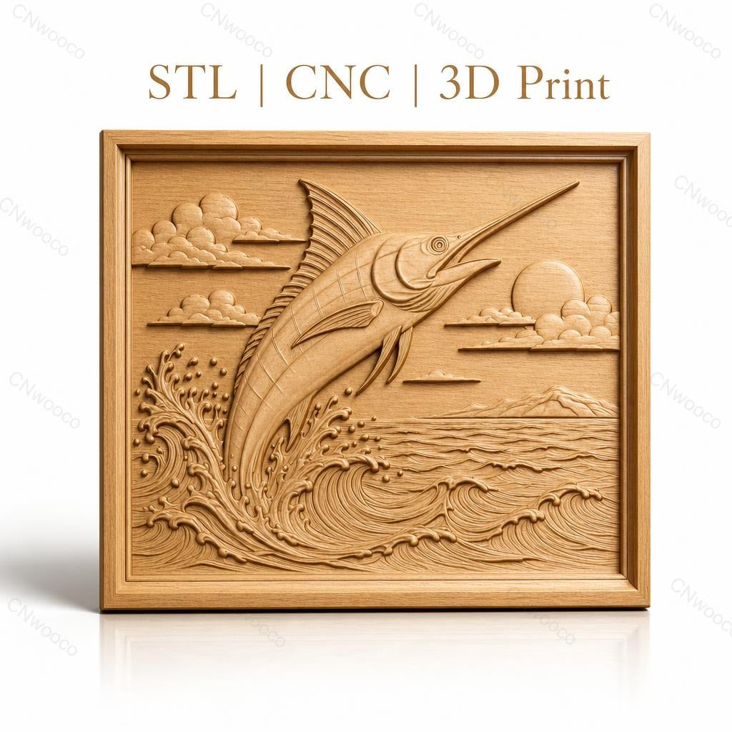 Fichier CNC & impression 3D poisson espadon sautant, vagues océan et ciel nuageux, haute qualité relief STL