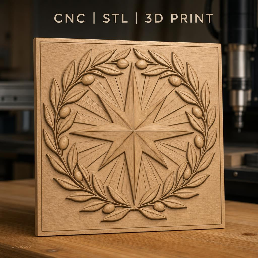 Fichier CNC & impression 3D boussole et couronne d'olivier, décoration murale relief bois haute qualité relief STL