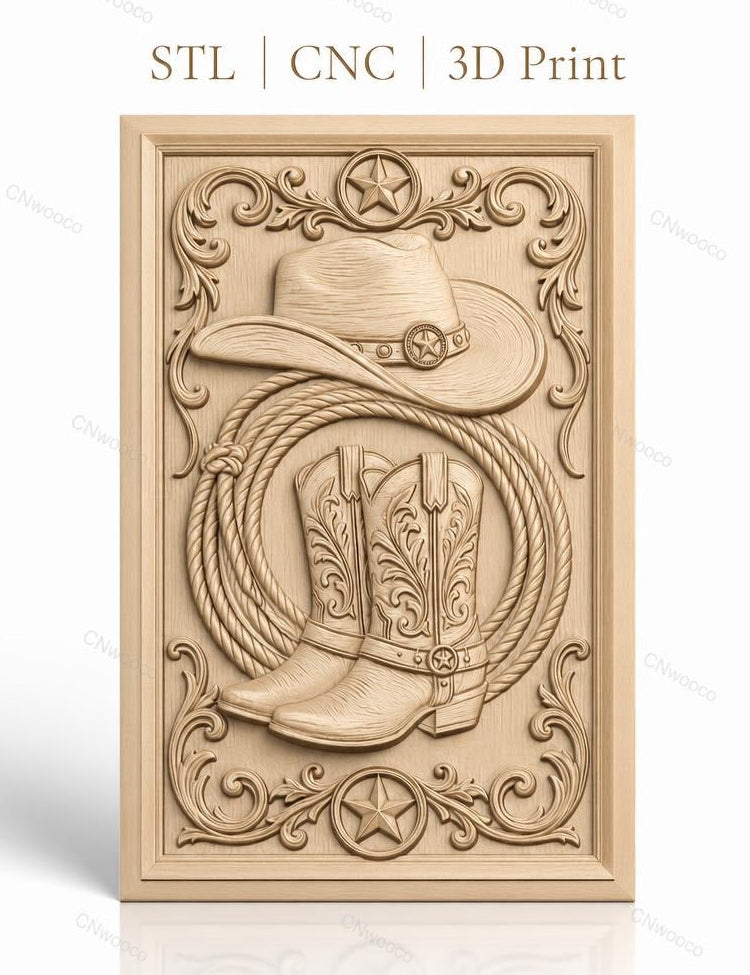 Fichier CNC & impression 3D thème western, bottes, chapeau, lasso, étoiles, haute qualité relief STL