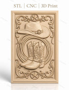 Fichier CNC & impression 3D thème western, bottes, chapeau, lasso, étoiles, haute qualité relief STL