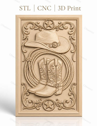 Fichier CNC & impression 3D thème western, bottes, chapeau, lasso, étoiles, haute qualité relief STL