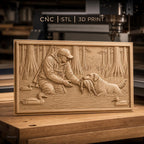 Fichier CNC & impression 3D Chasseur et chien rapportant canard dans marais, nature et forêt, haute qualité relief STL