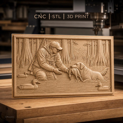 Fichier CNC & impression 3D Chasseur et chien rapportant canard dans marais, nature et forêt, haute qualité relief STL