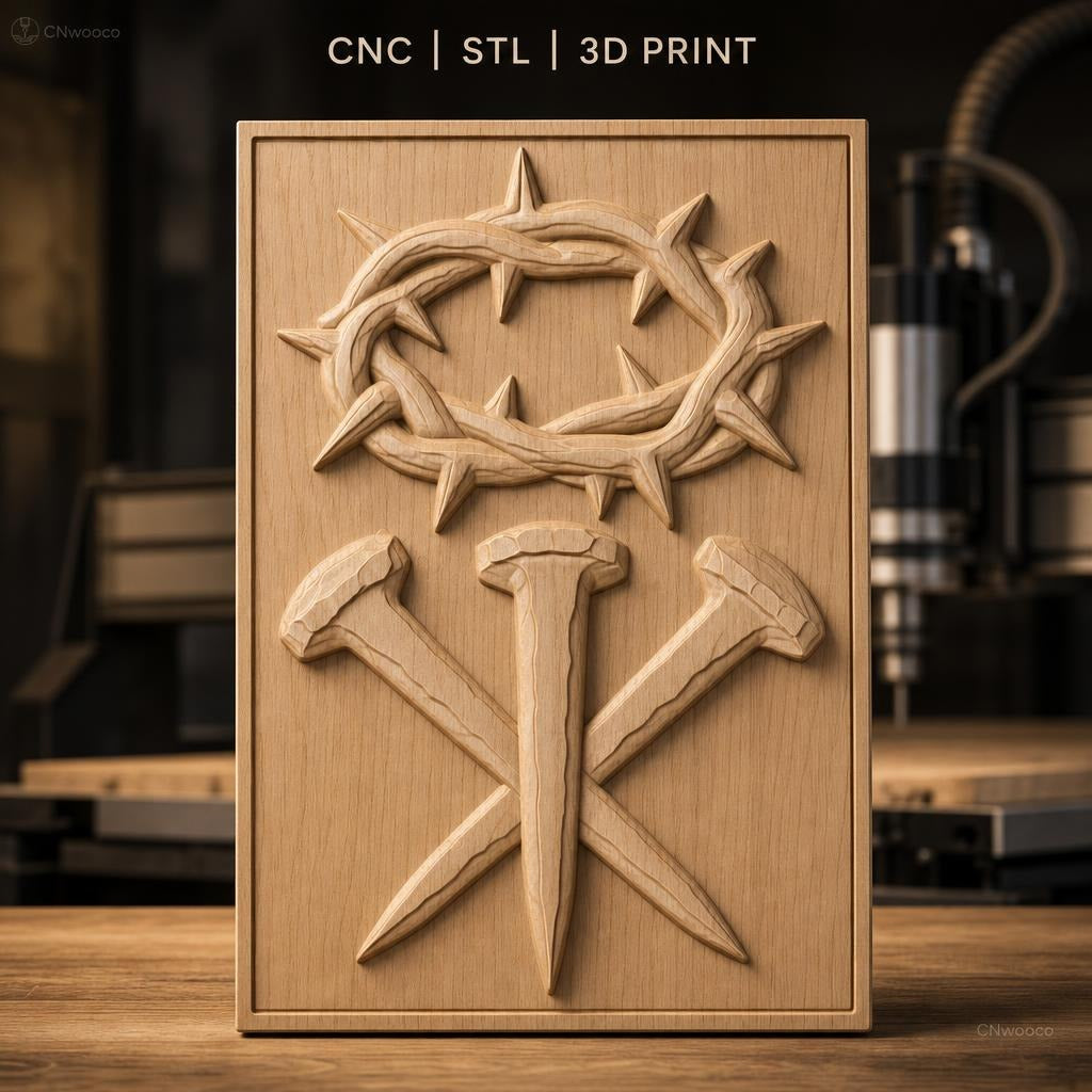 Fichier CNC & impression 3D Croix chrétienne, couronne d'épines et clous relief, haute qualité relief STL