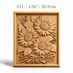 Fichier CNC & impression 3D bouquet de tournesols, feuilles et nœud de bois, haute qualité relief STL