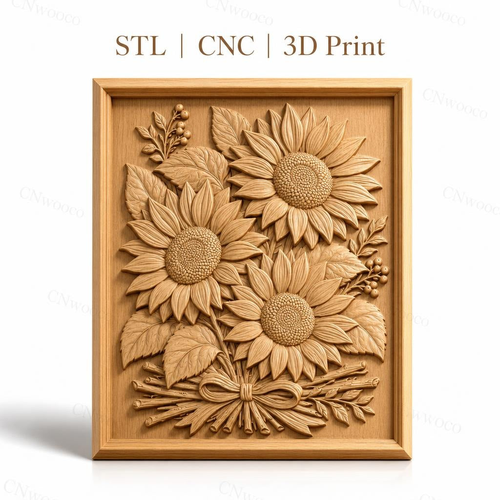 Fichier CNC & impression 3D bouquet de tournesols, feuilles et nœud de bois, haute qualité relief STL