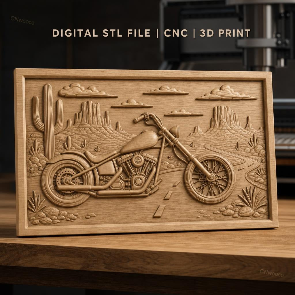 Fichier CNC & impression 3D moto custom chopper, désert avec cactus et montagnes, haute qualité relief STL