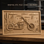 Fichier CNC & impression 3D moto custom chopper, désert avec cactus et montagnes, haute qualité relief STL