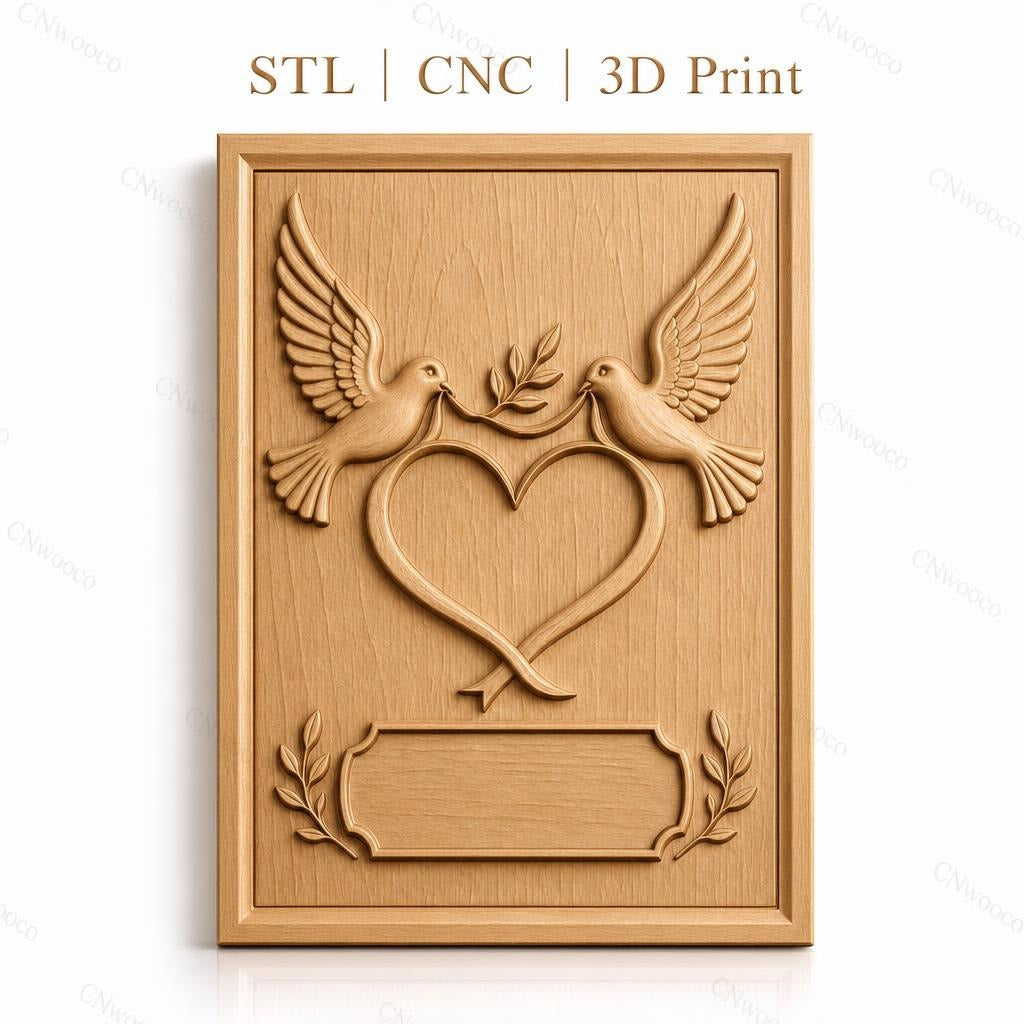 Fichier CNC & impression 3D couple de colombes, coeur et feuilles, haute qualité relief STL