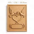 Fichier CNC & impression 3D couple de colombes, coeur et feuilles, haute qualité relief STL