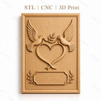 Fichier CNC & impression 3D couple de colombes, coeur et feuilles, haute qualité relief STL