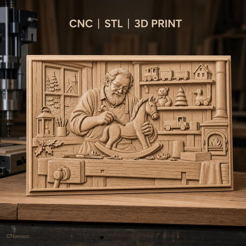 Fichier CNC & impression 3D atelier de menuiserie, artisan sculptant cheval à bascule, haute qualité relief STL