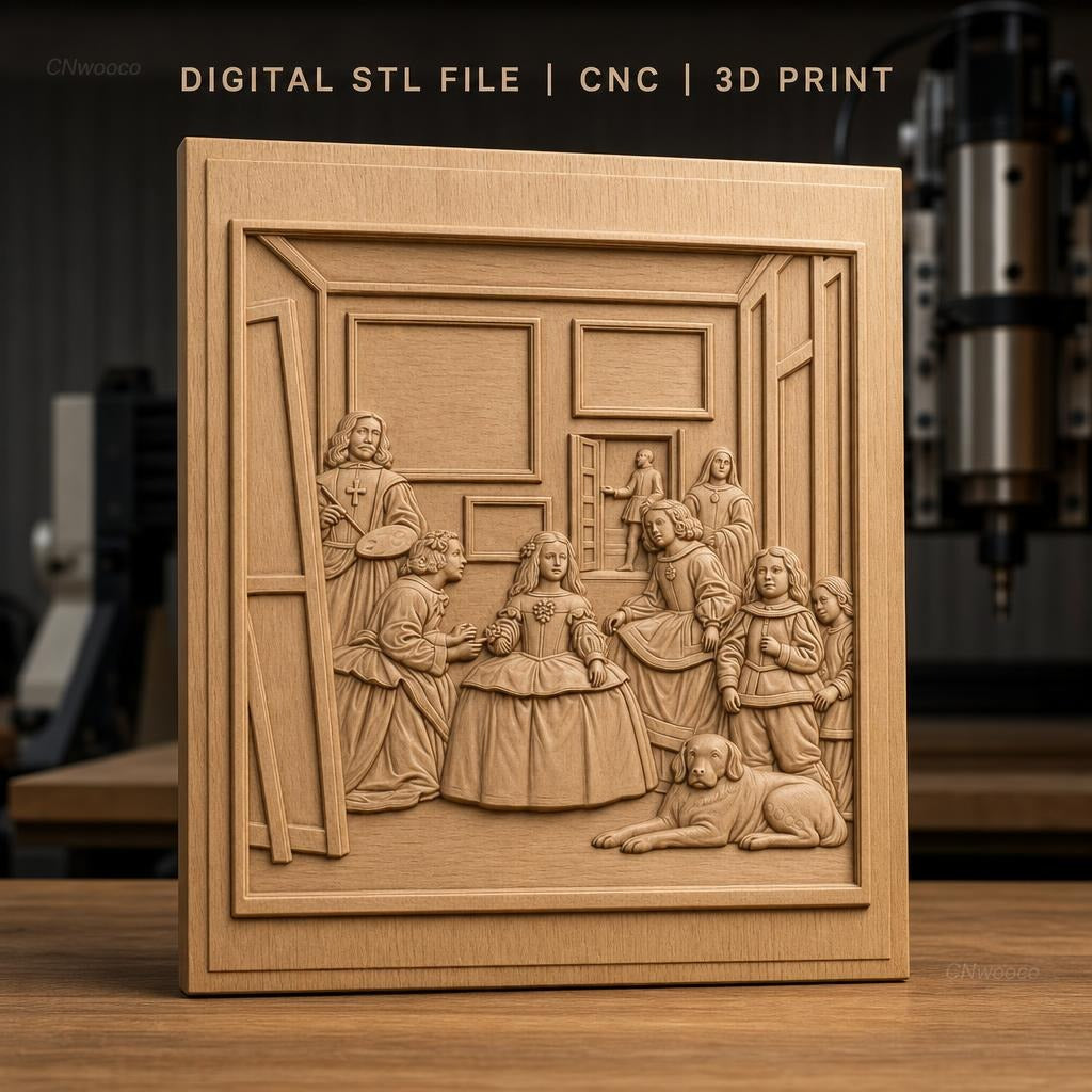 Fichier CNC & impression 3D tableau familial classique, personnages en habits d'époque, chien couché, haute qualité relief STL