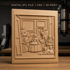 Fichier CNC & impression 3D tableau familial classique, personnages en habits d'époque, chien couché, haute qualité relief STL