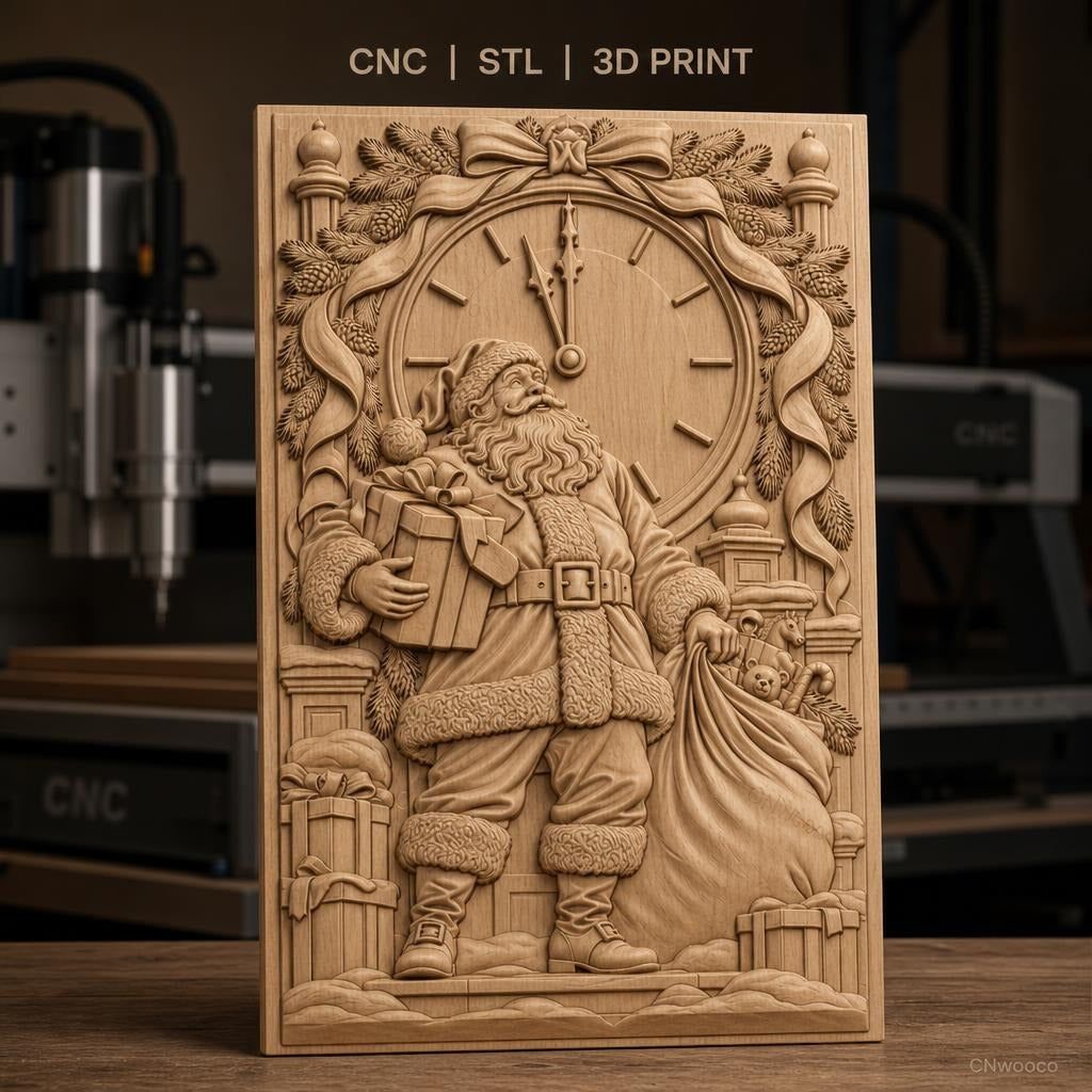 Fichier CNC & impression 3D Père Noël avec horloge et cadeaux, haute qualité relief STL